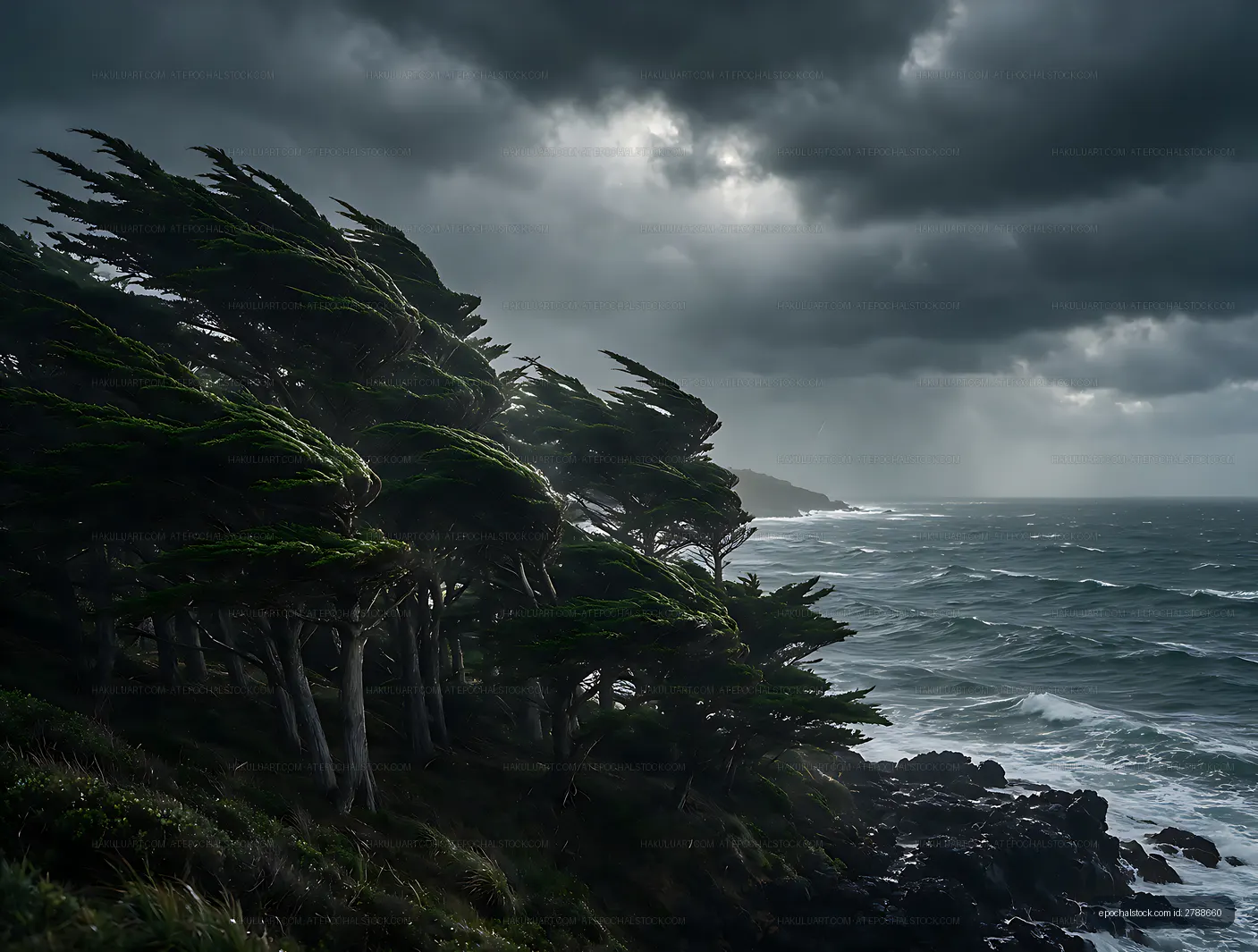 Storm clouds over windblown coastal trees