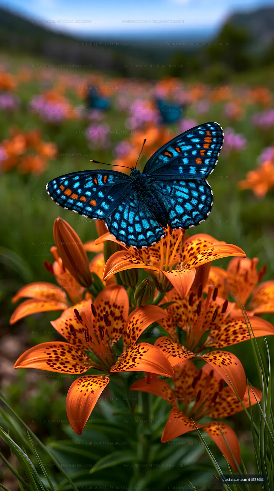 Blue butterfly perched on a spotted tiger lily