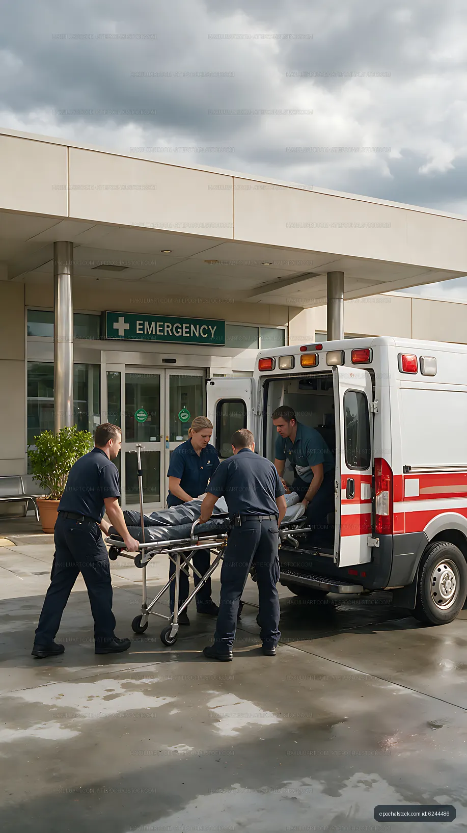 Paramedics load stretcher into ambulance at hospital entrance