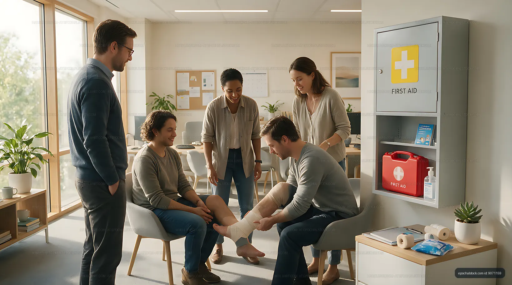 Team giving first aid to an injured coworker