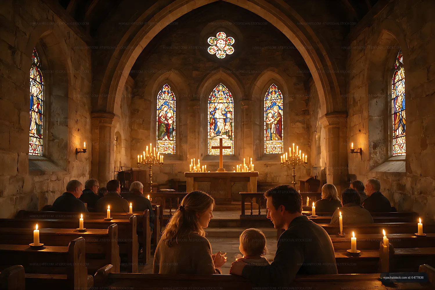 Family seated together in a candlelit church interior