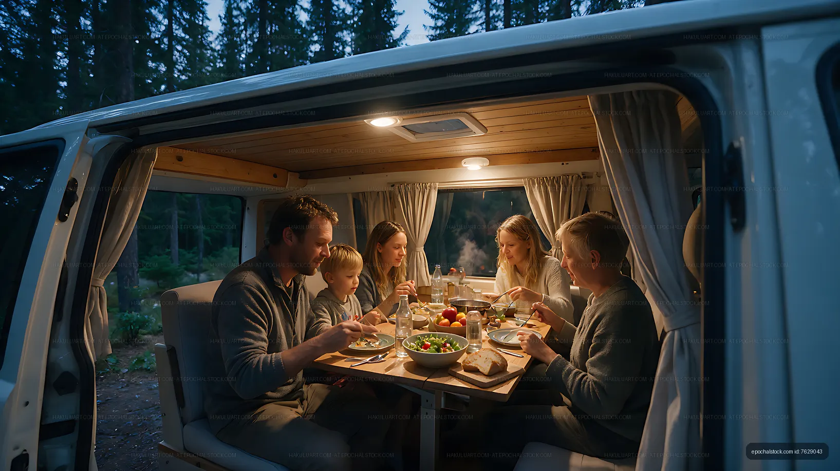 Family meal inside a camper van at a forest campsite