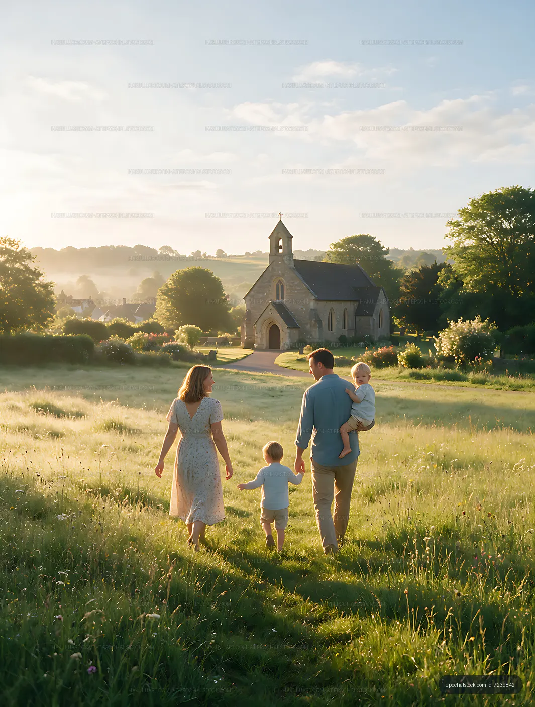 Family of four heading toward a country church