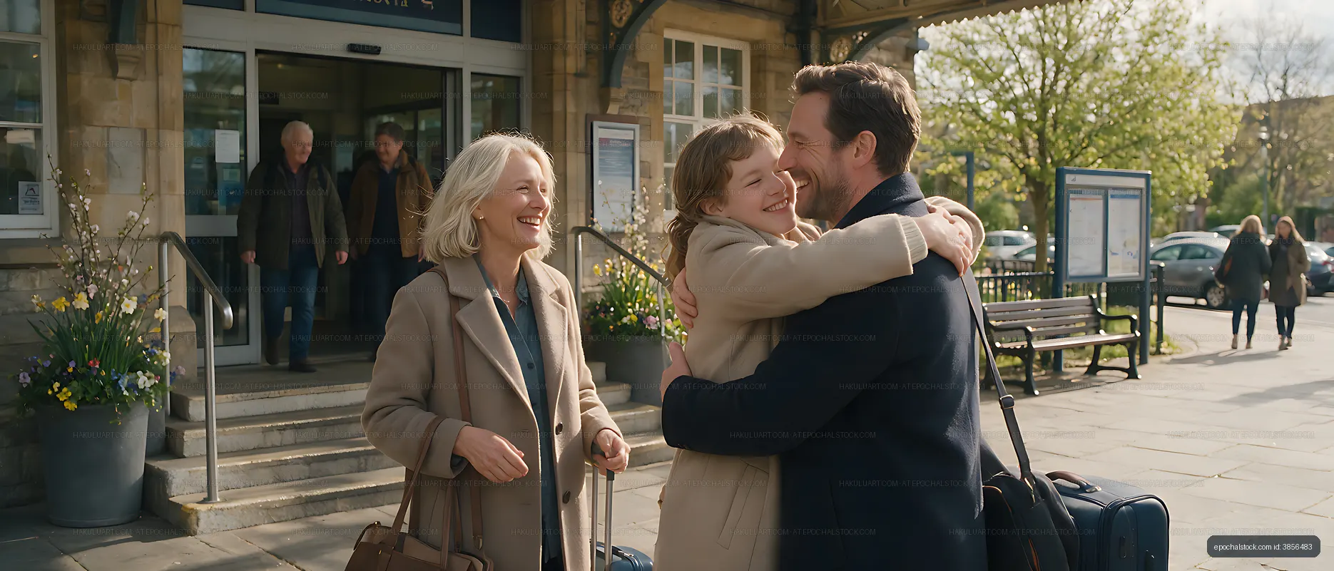Family embracing outside a train station