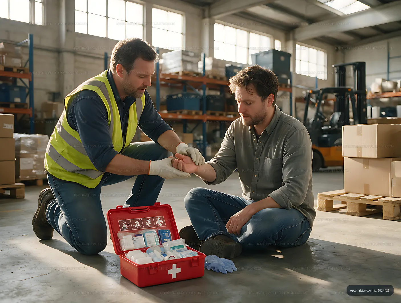 Worker treating hand injury with first aid kit