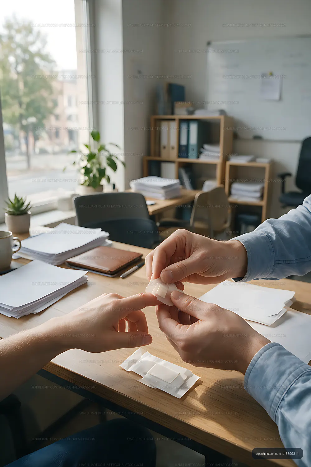 First aid bandage applied in an office