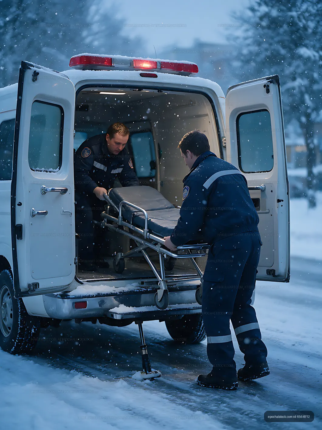 Two responders load stretcher into ambulance in winter snow