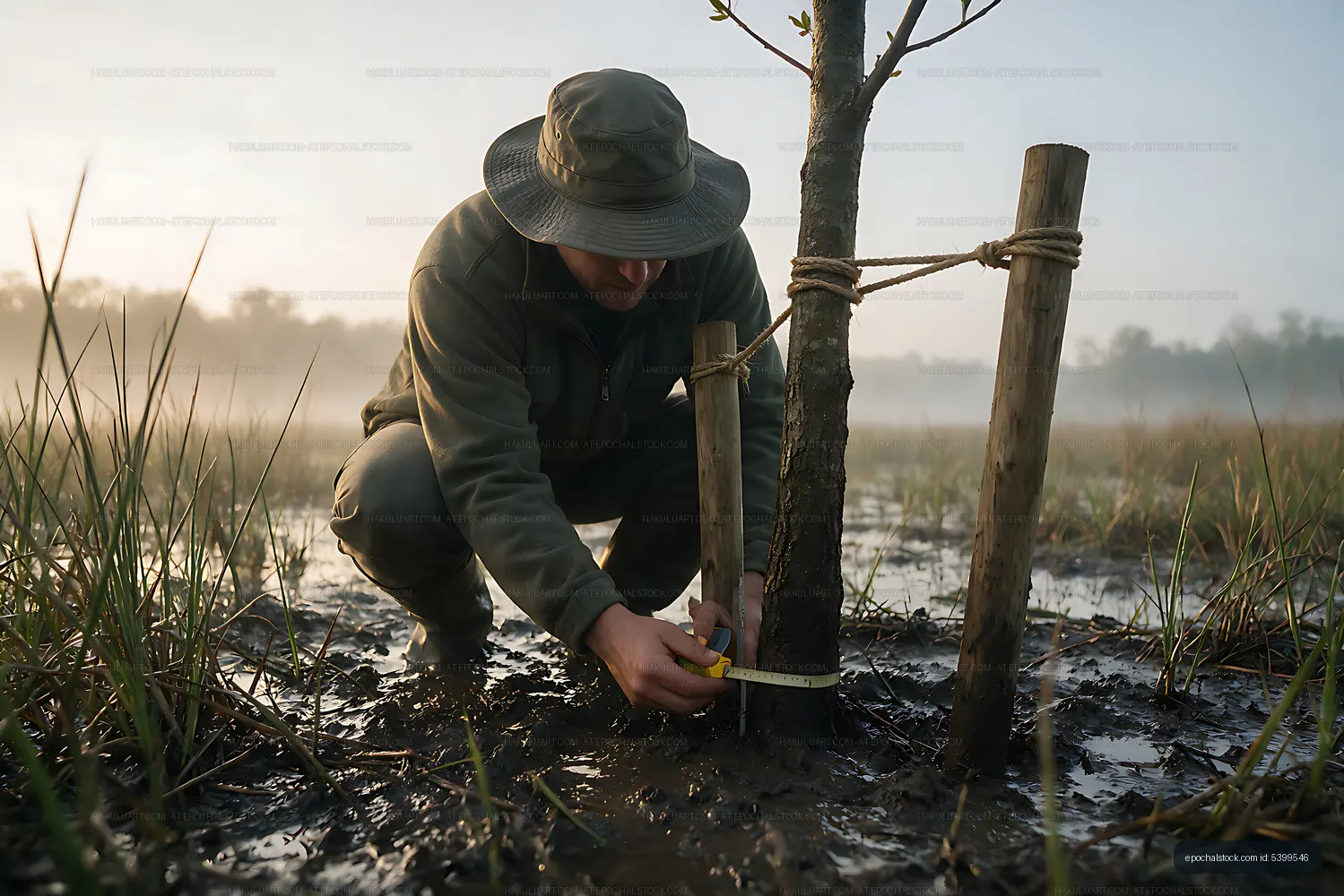 Worker measuring a tree trunk beside support stakes