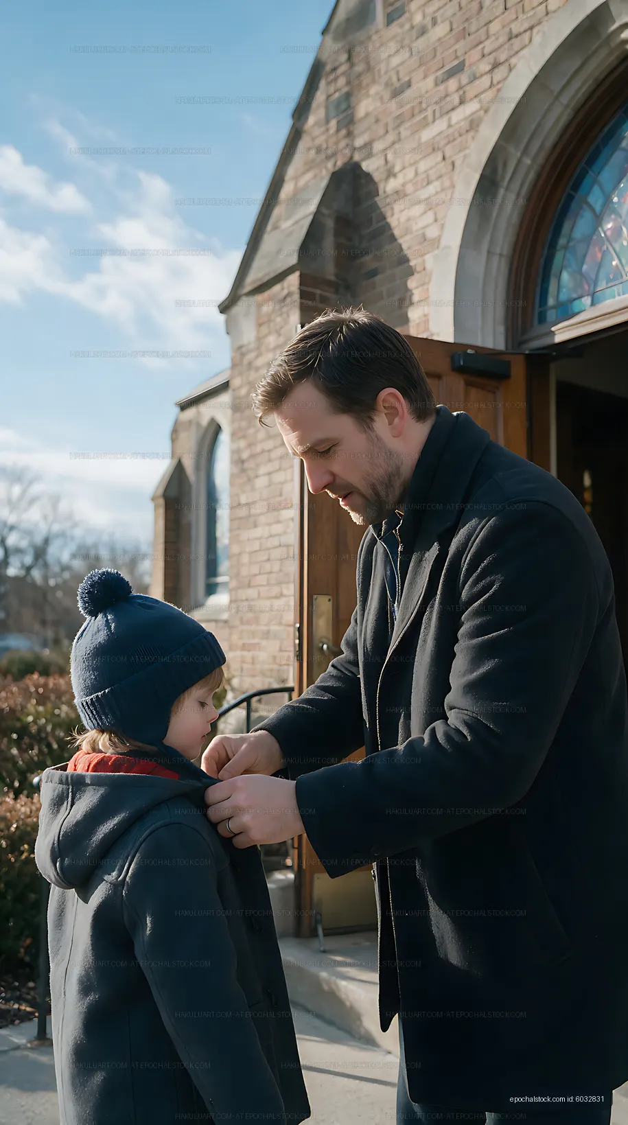 Father and child outside a church