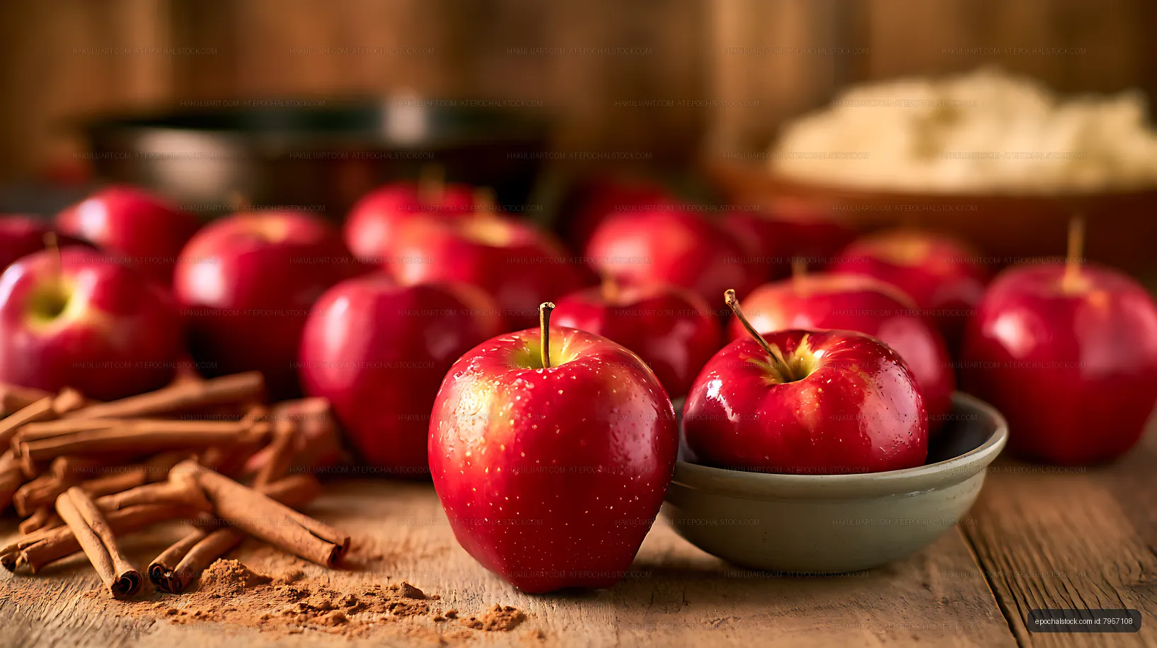 Fresh red apples with cinnamon on wooden tabletop