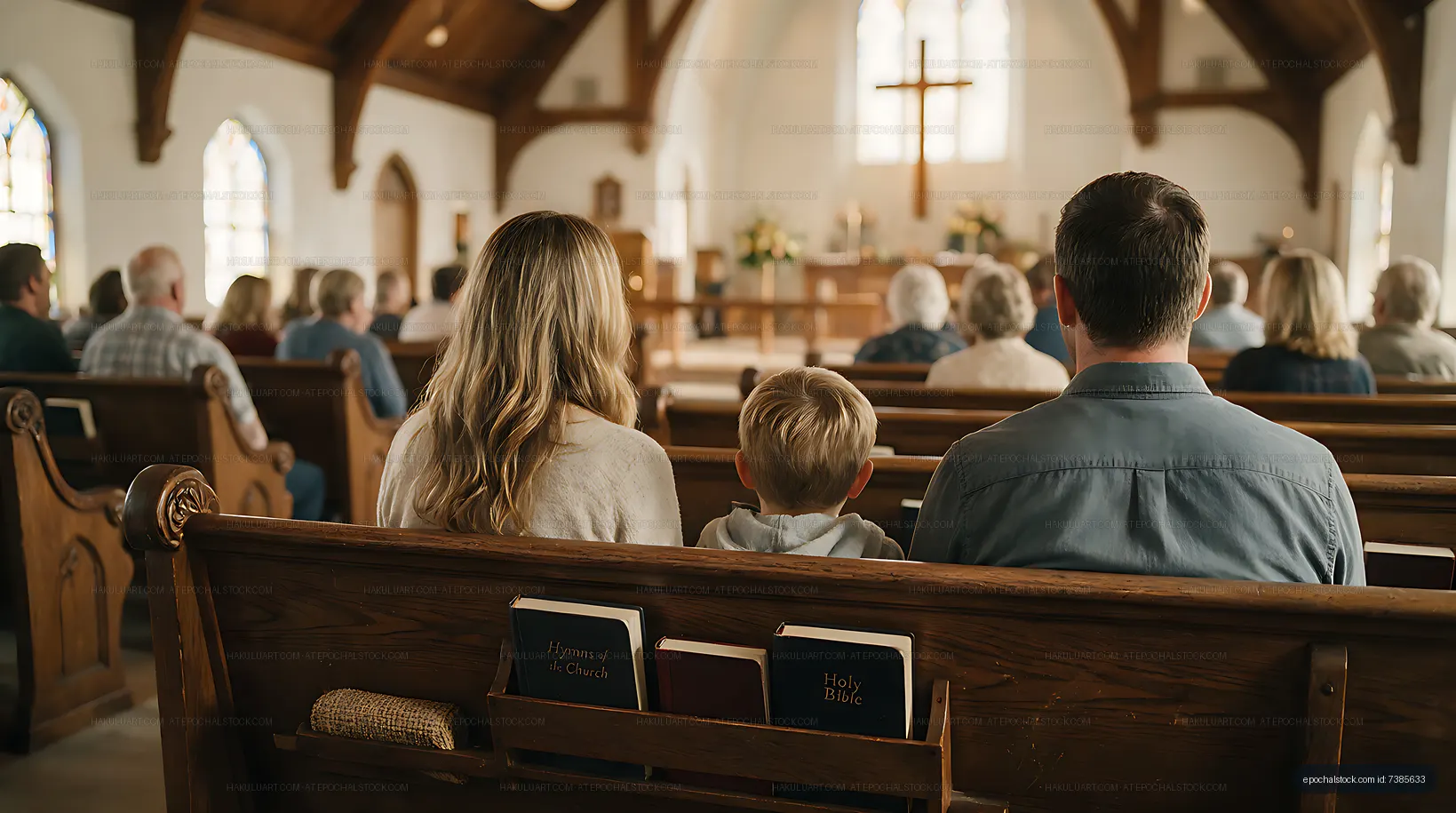 Family seated in a church pew during worship