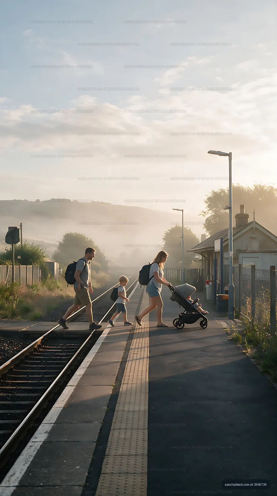 Family with stroller crossing a train station platform
