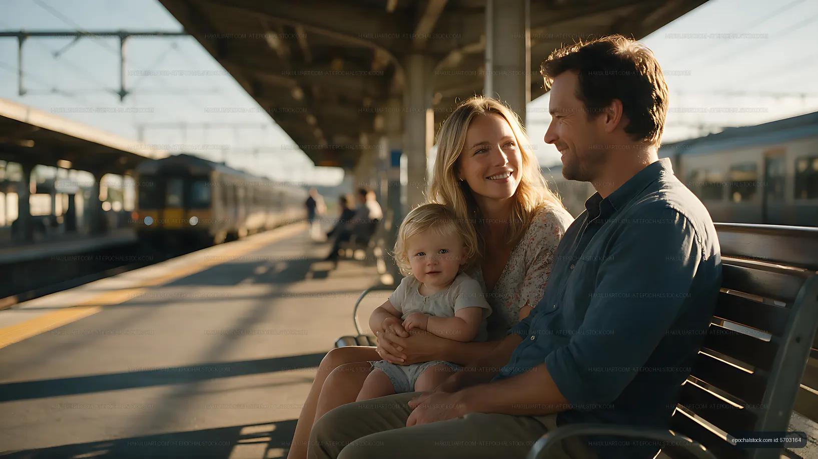 Family sitting together on a train platform