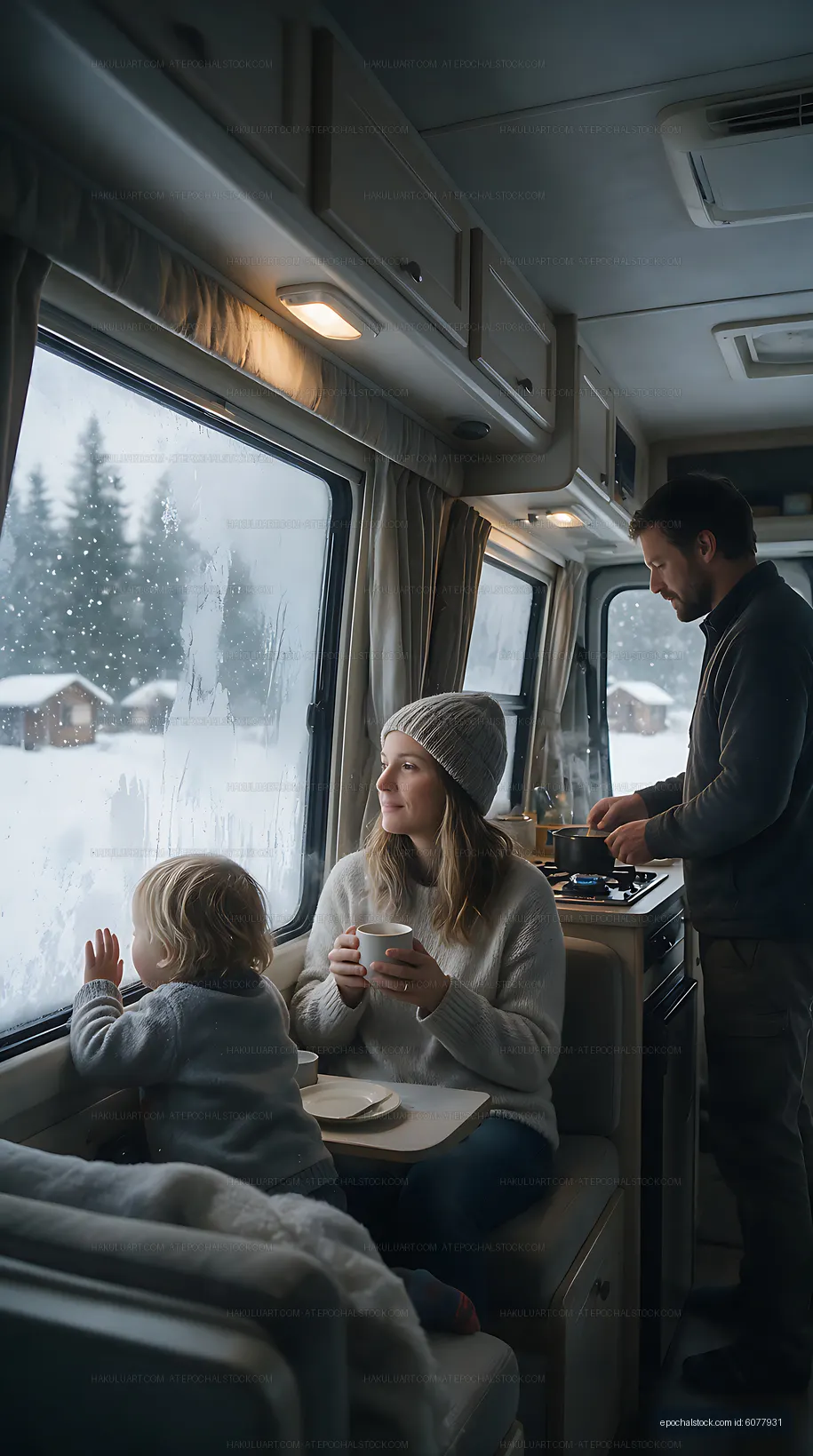 Parents and child inside a camper van on a snowy day