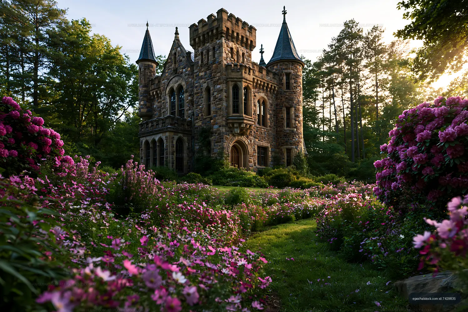 Castle towers framed by pink flowers and woodland