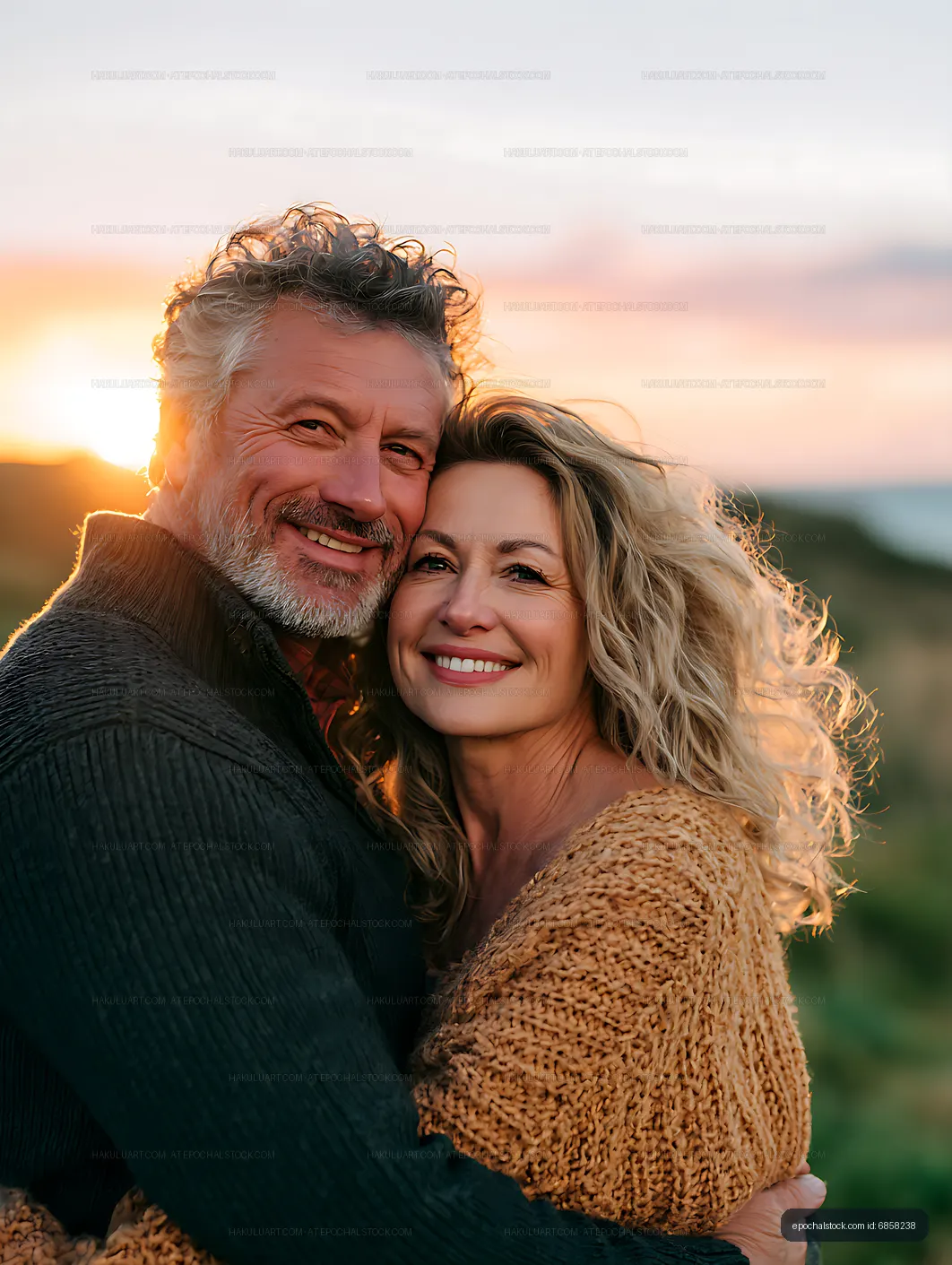 Joyful mature couple hugging in golden sunset light