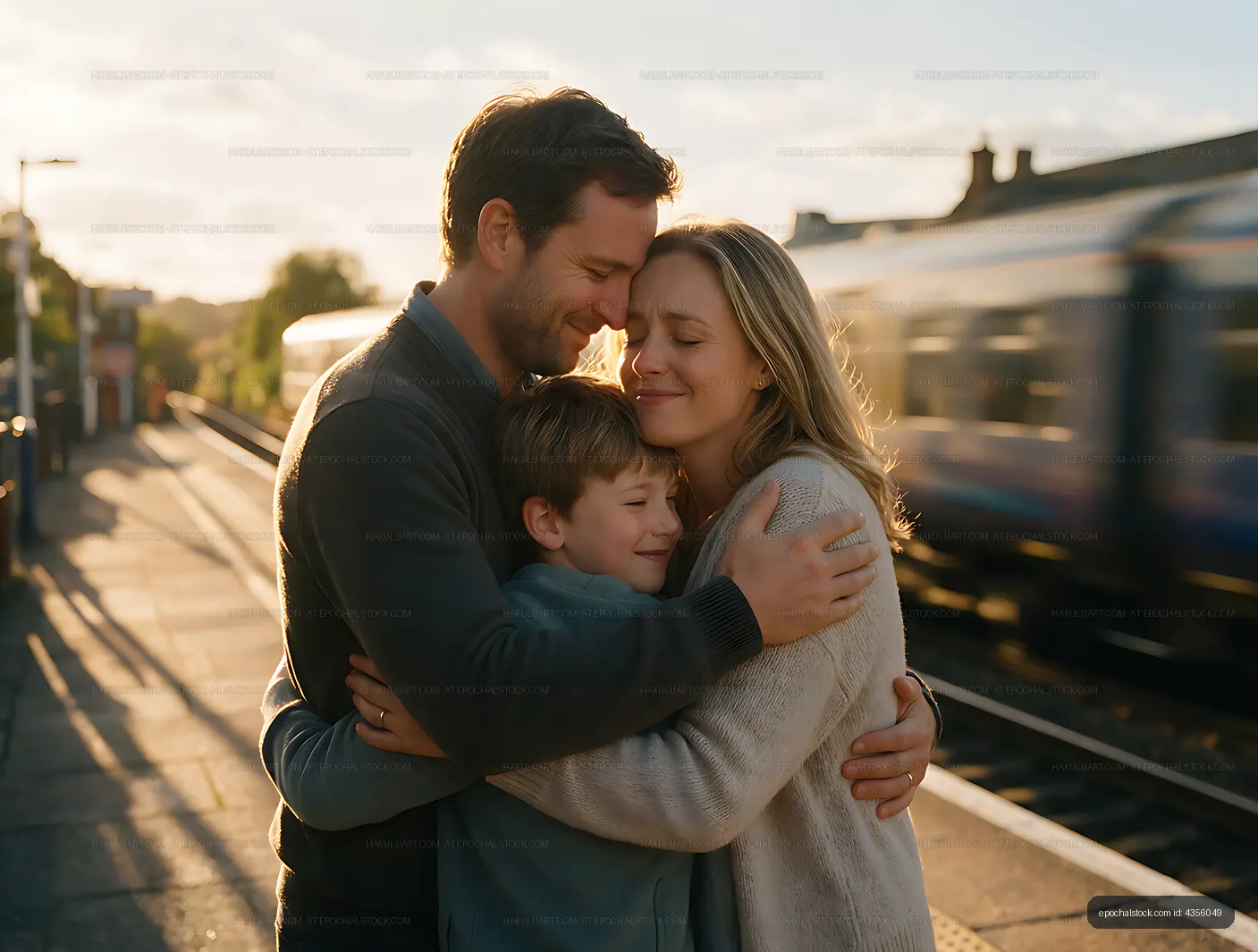 Parents and child embracing on a station platform