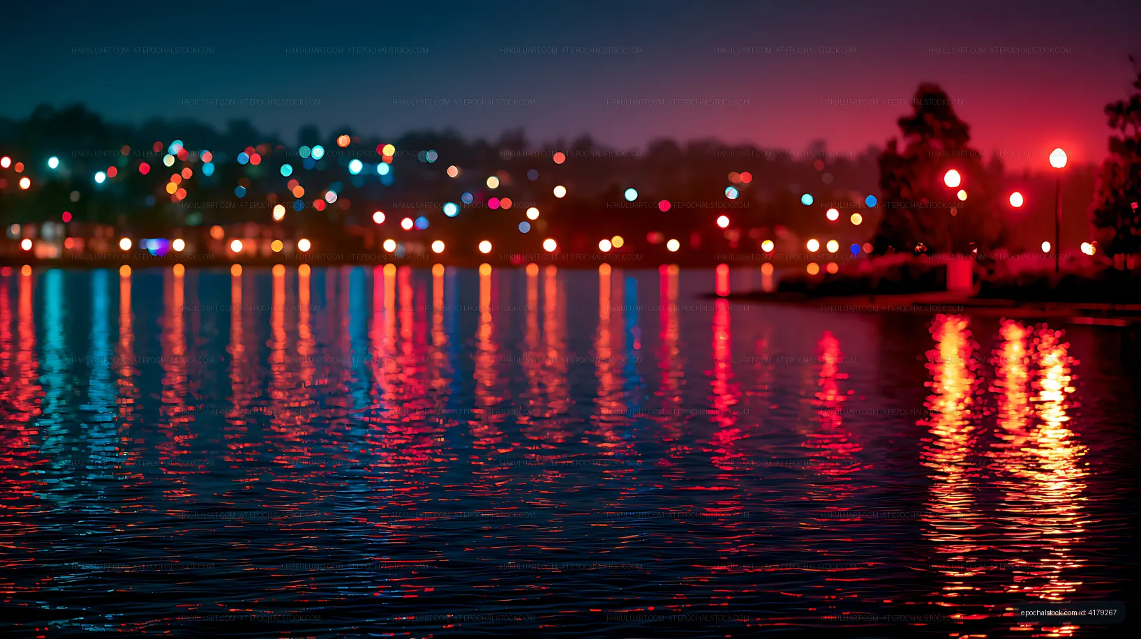 Night lights and colorful reflections on rippling water