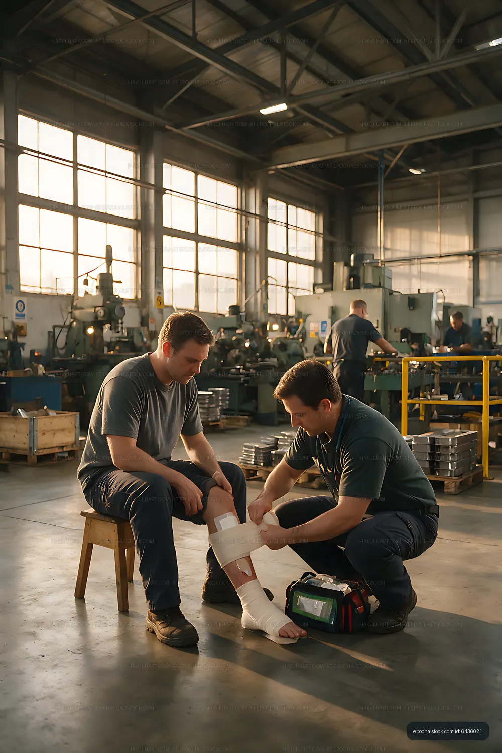 First aid bandage applied to worker in industrial workshop