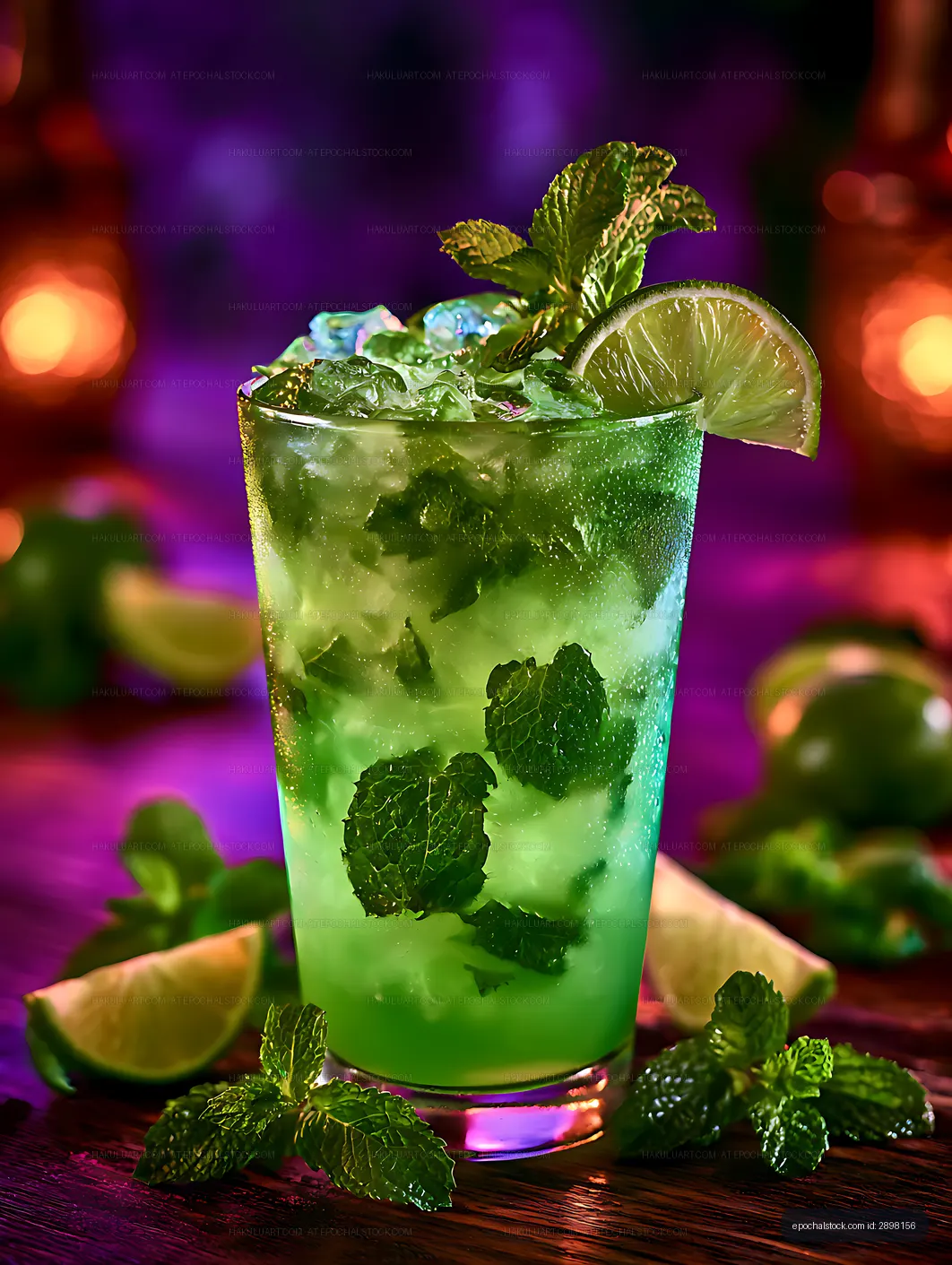 Close-up lime and mint drink with vibrant bokeh