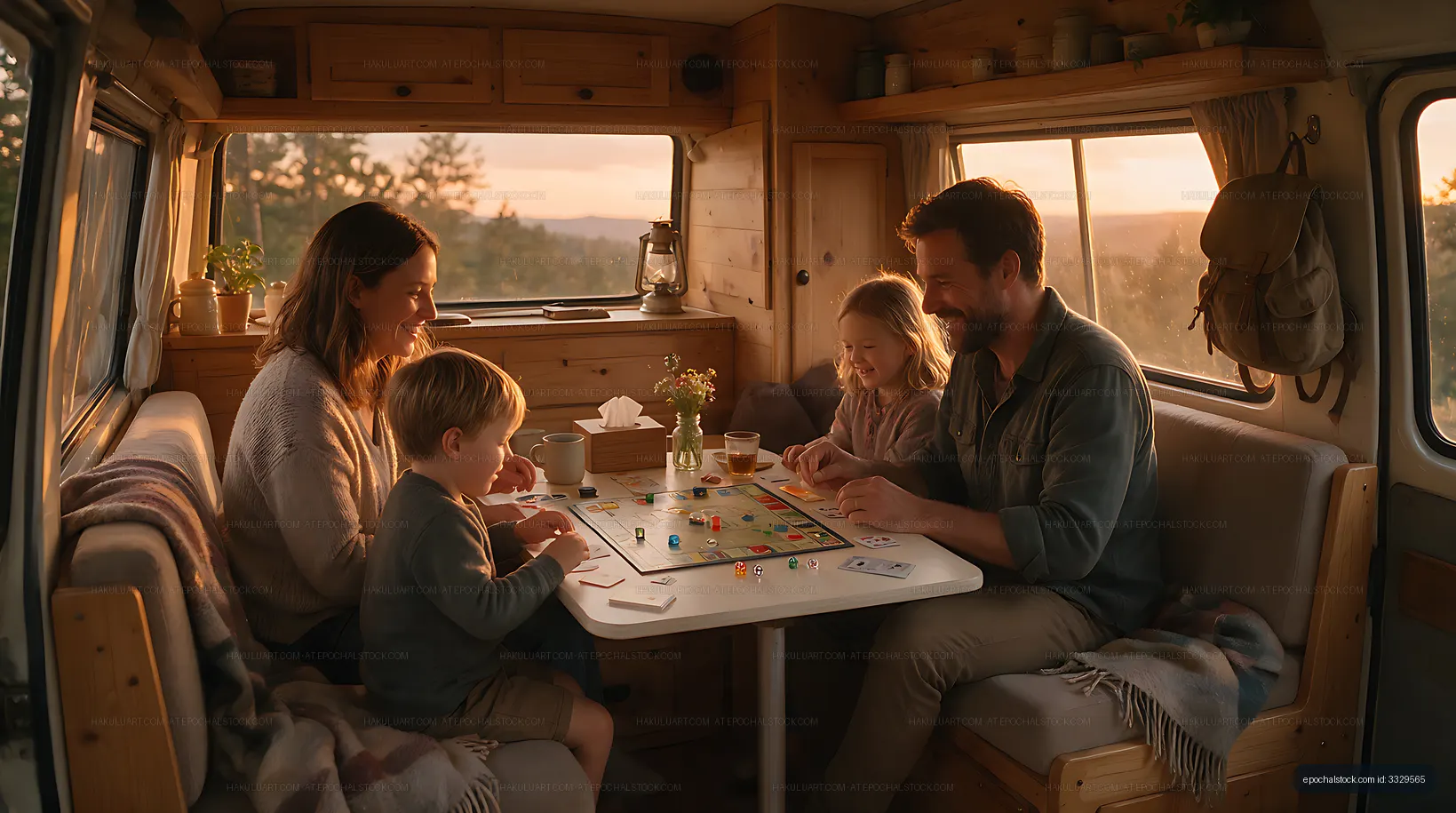 Family gathered around a board game in camper van