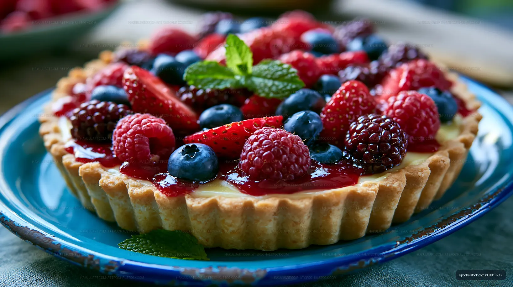 Fresh mixed berry tart served on a blue plate