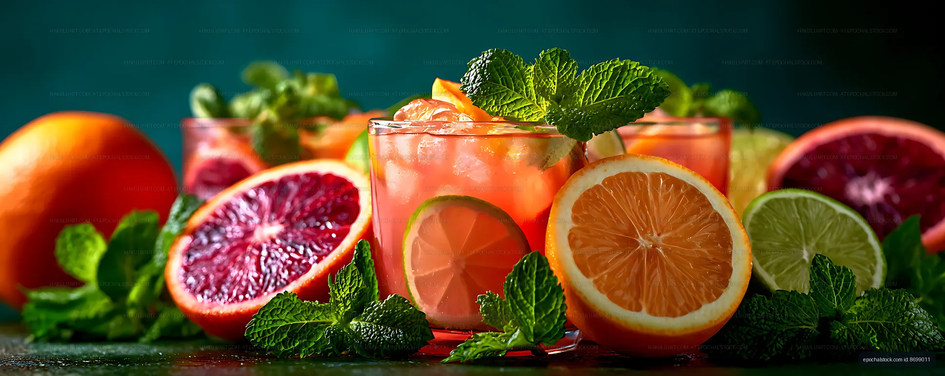 Fresh citrus beverage with mint garnish and sliced fruit