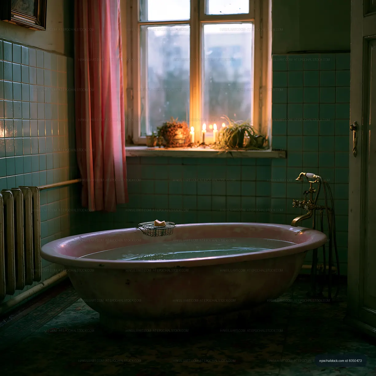 Water-filled bathtub with candles by a window