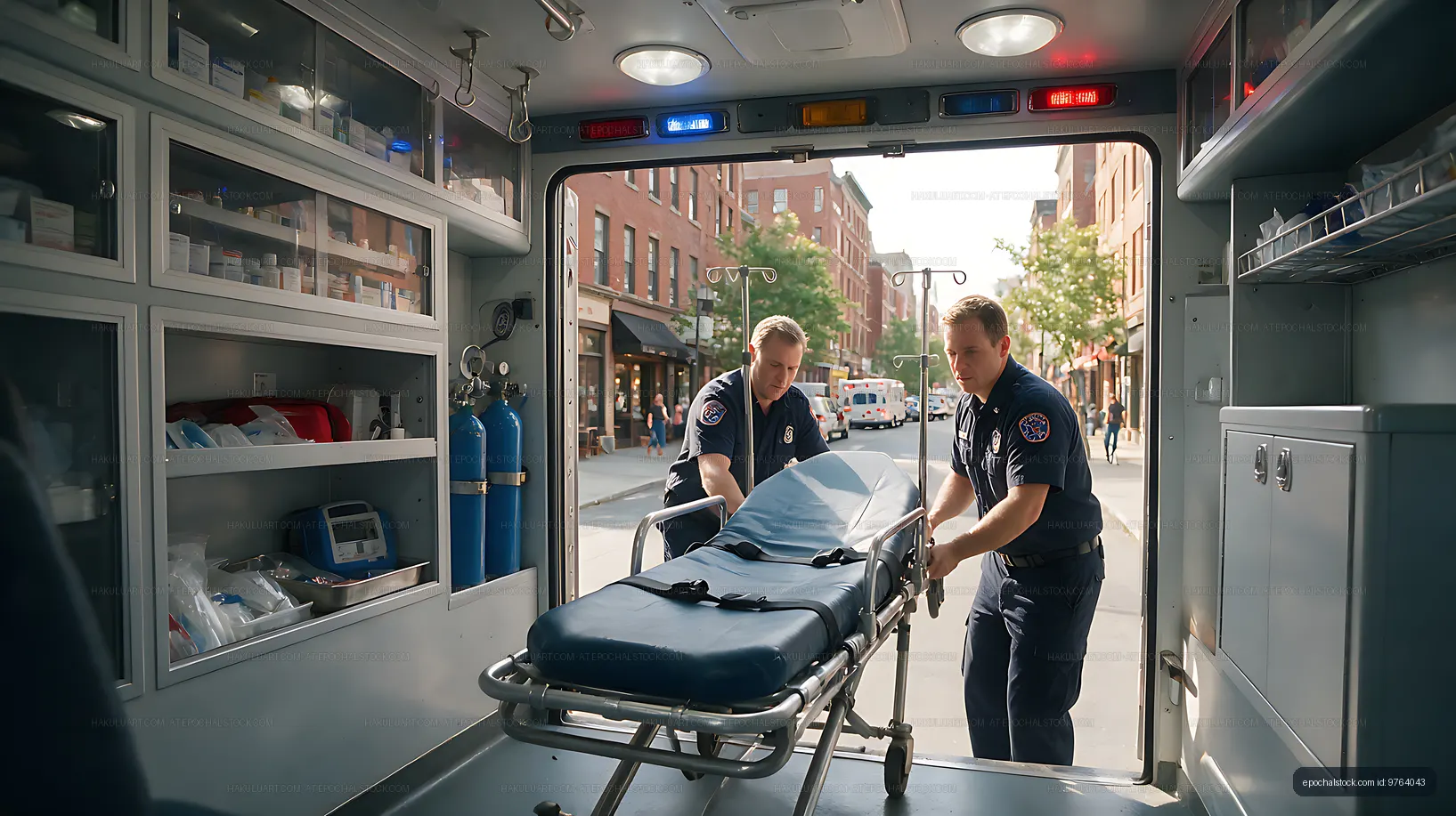 Two paramedics load a stretcher into an ambulance