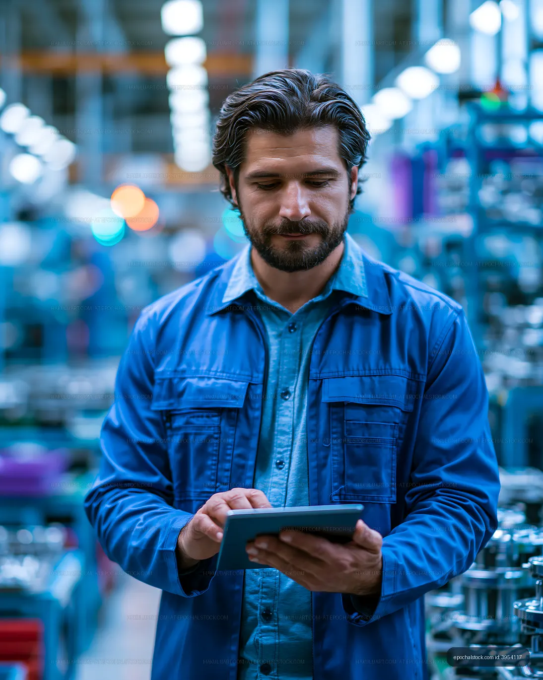 Worker using tablet in manufacturing facility