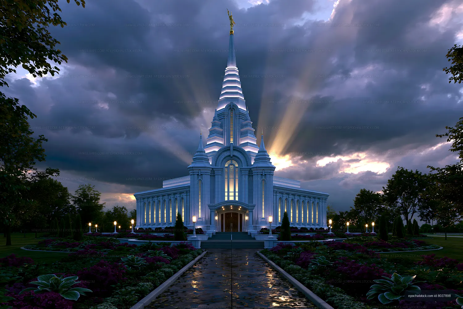 Grand illuminated temple and reflective garden path