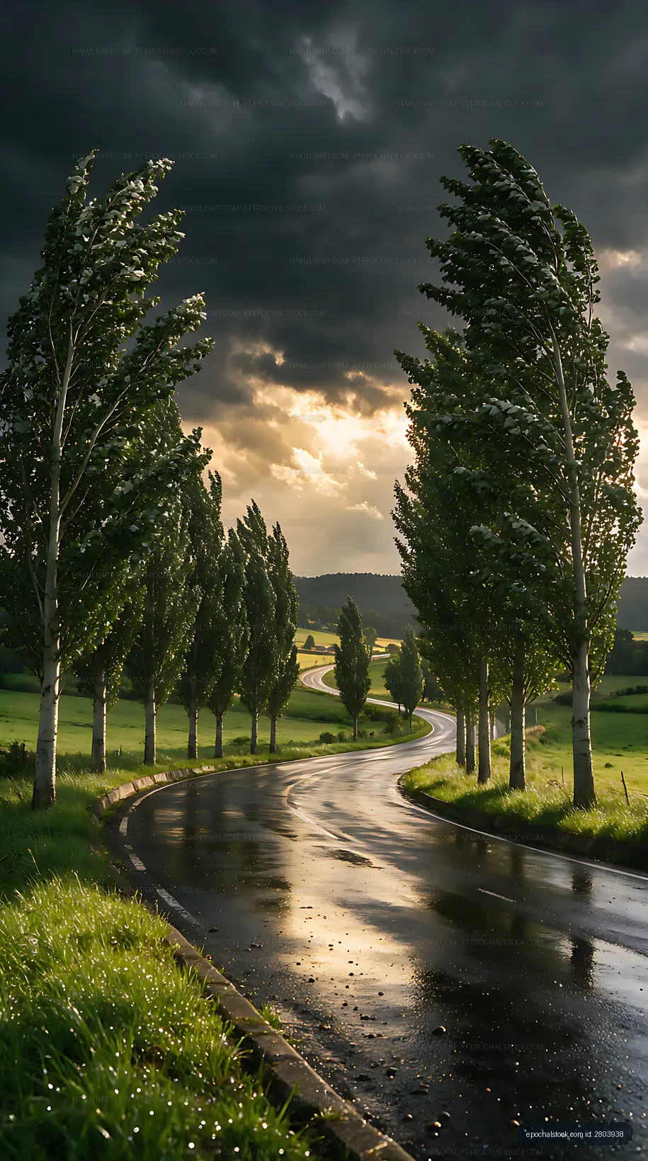Poplar-lined country road after rain with sunlit storm clouds