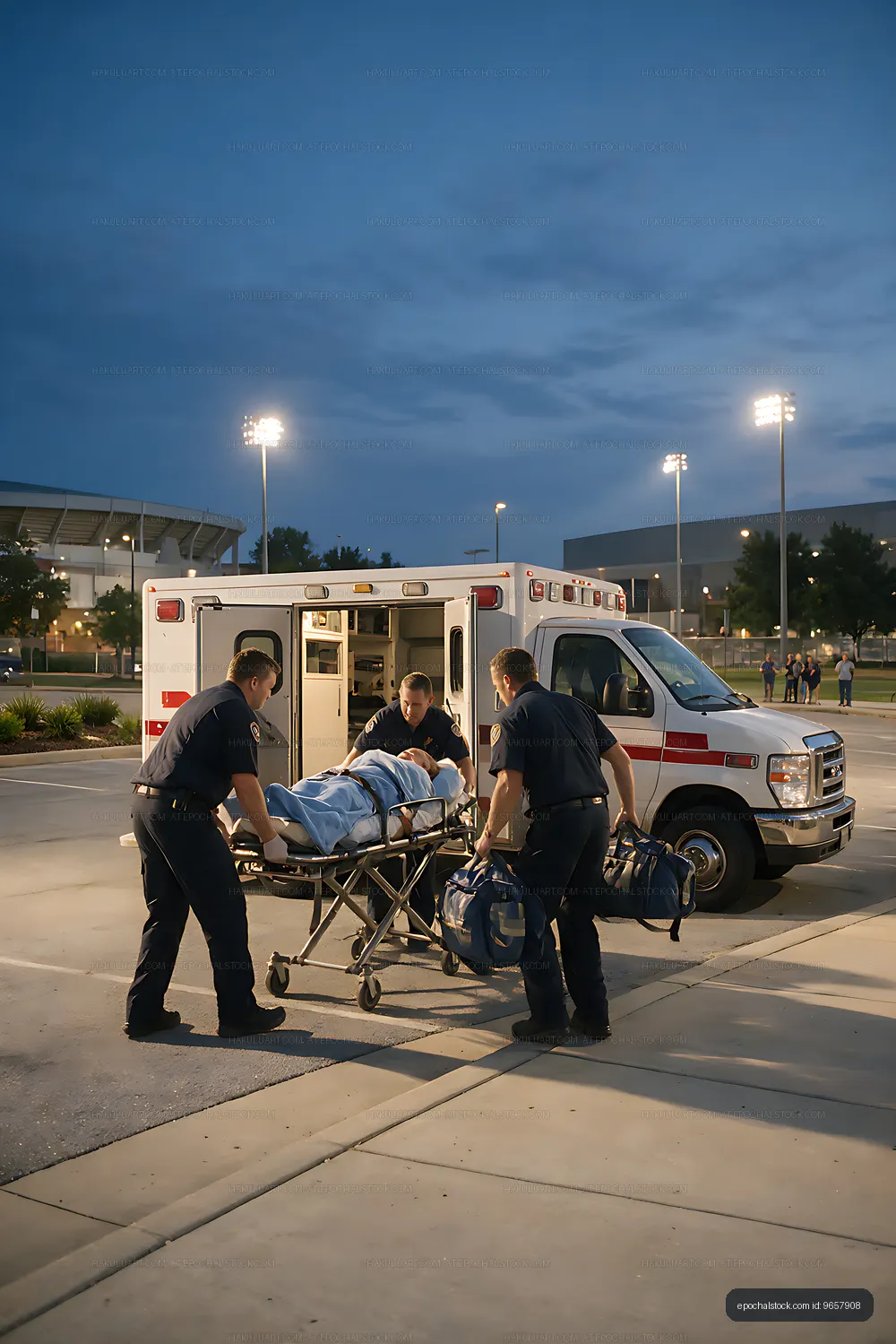 Emergency crew transferring patient to ambulance