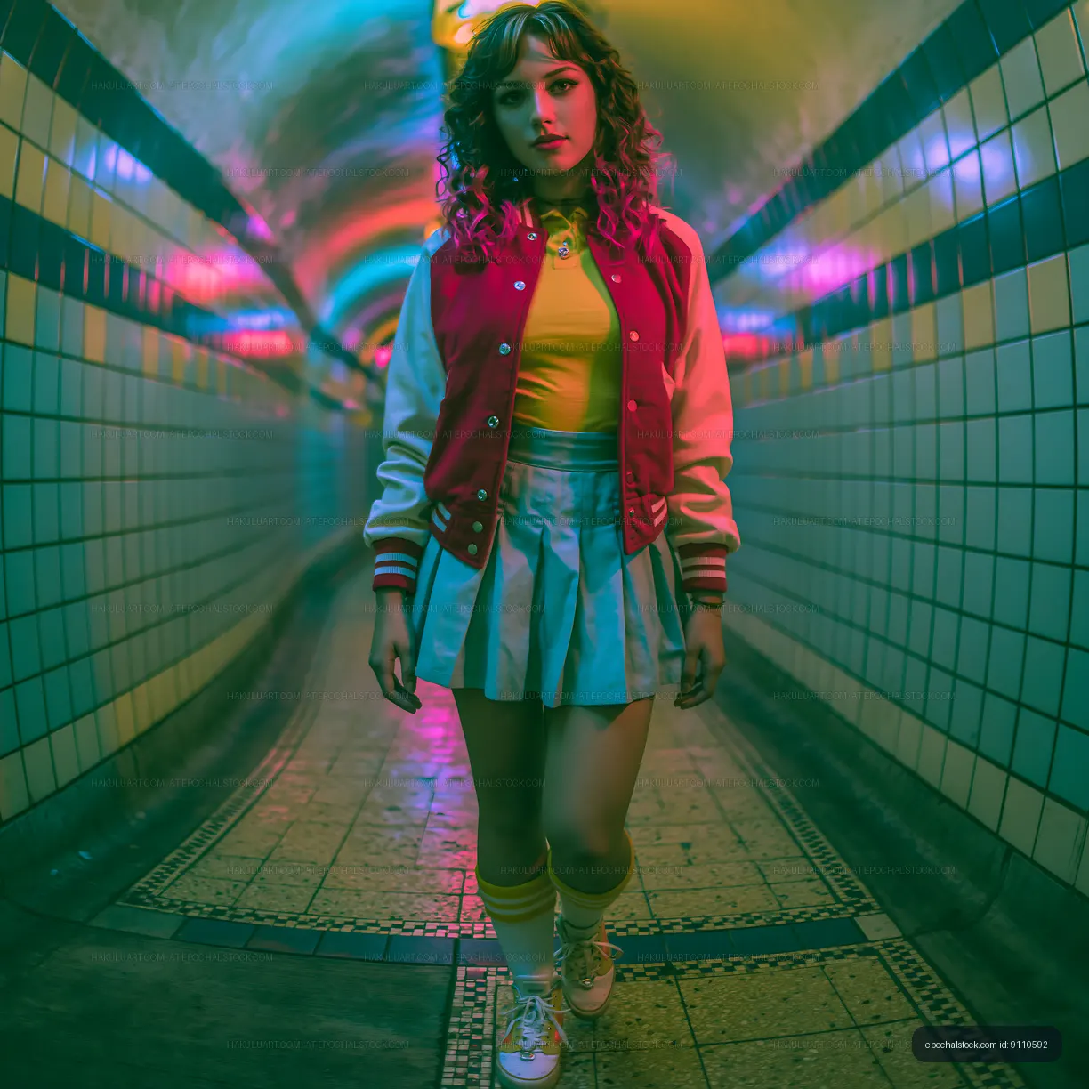 Fashion portrait of woman in a vibrant tiled passage