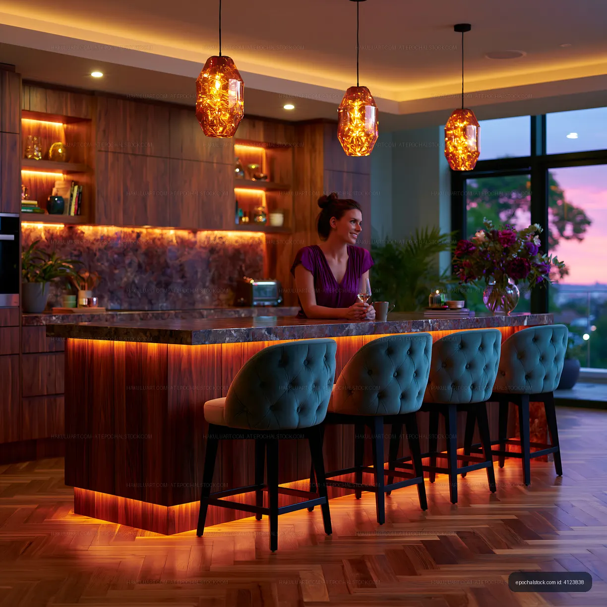Warm modern home bar with woman at counter