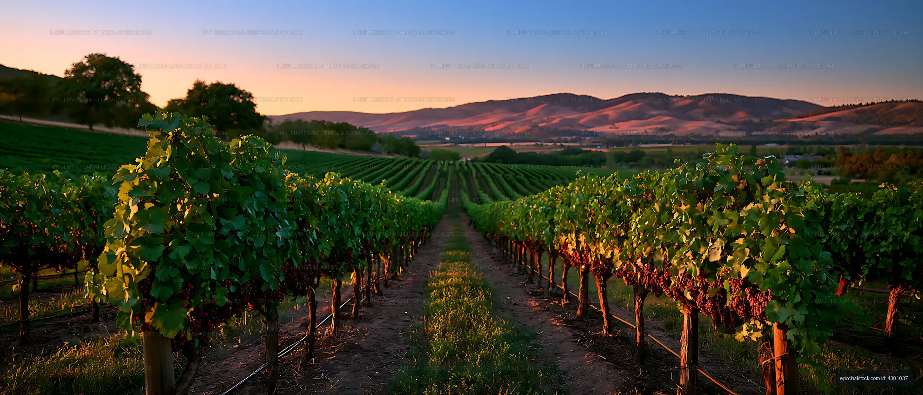 Vineyard landscape with grapevines at golden hour