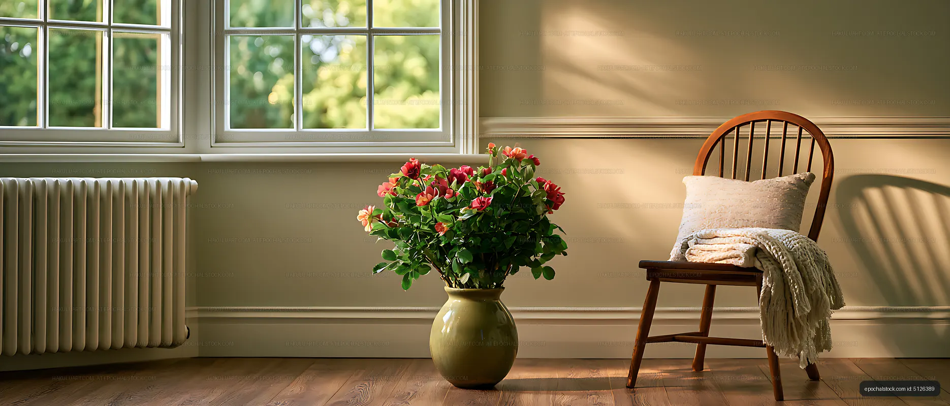 Bright home interior with potted flowers and chair
