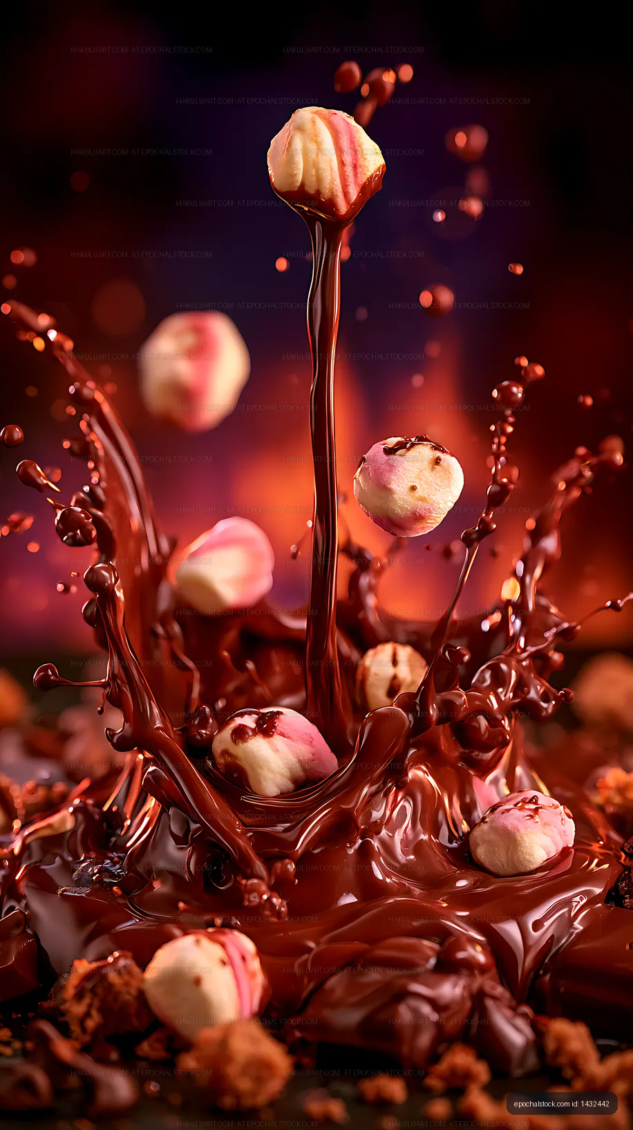 Dramatic dessert splash with chocolate and marshmallows