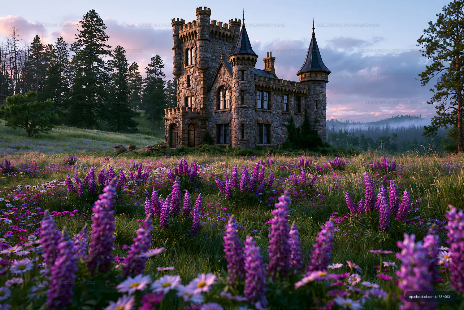 Turreted stone castle amid wildflowers and pine trees