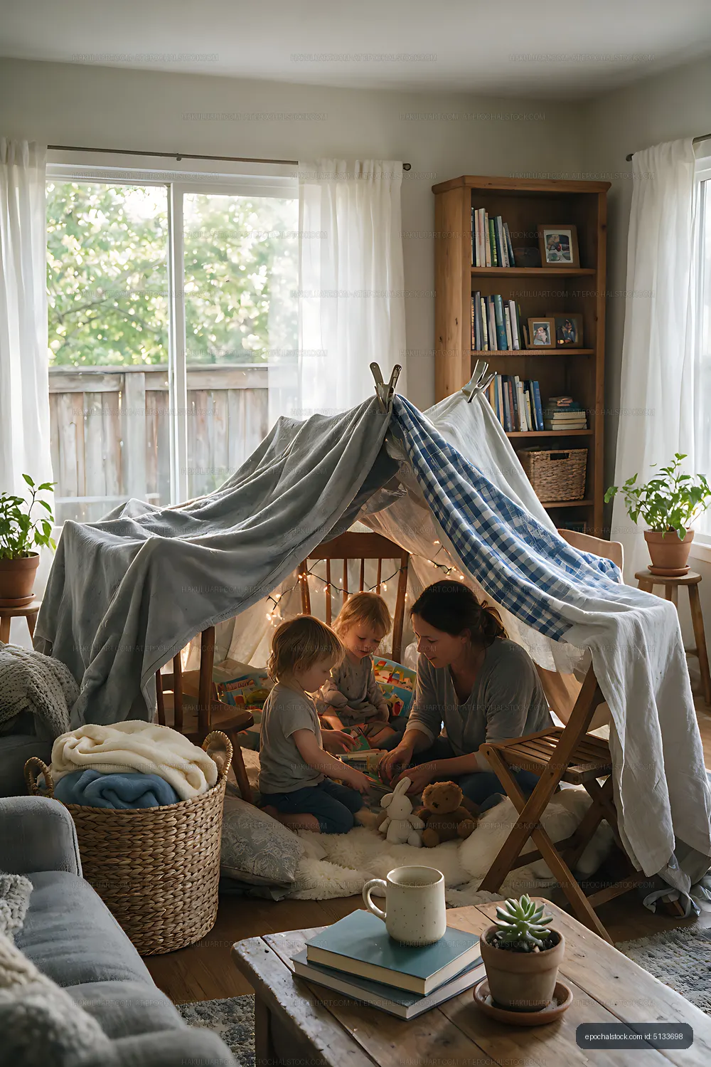 Mother and two children making a blanket fort