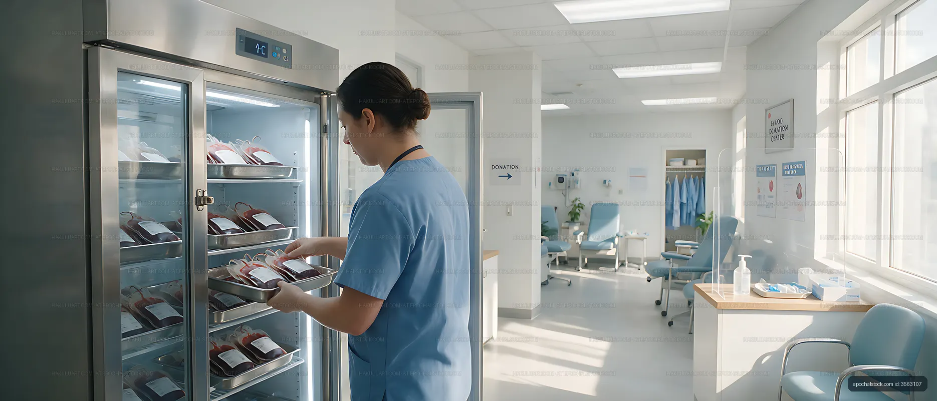 Worker retrieving blood bags from a medical refrigerator