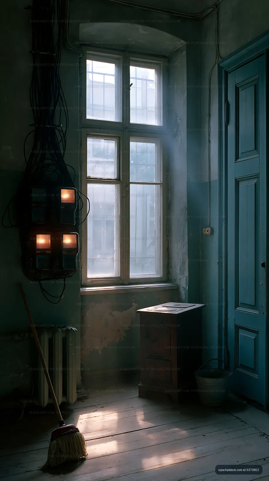 Moody vintage interior with window, broom, and blue door
