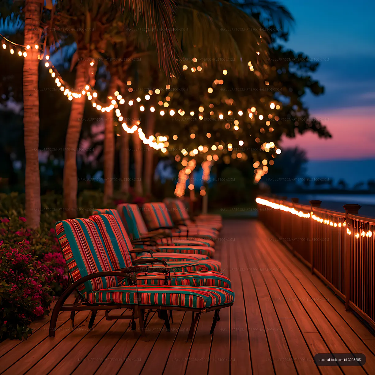 Striped chairs and string lights on a waterfront deck