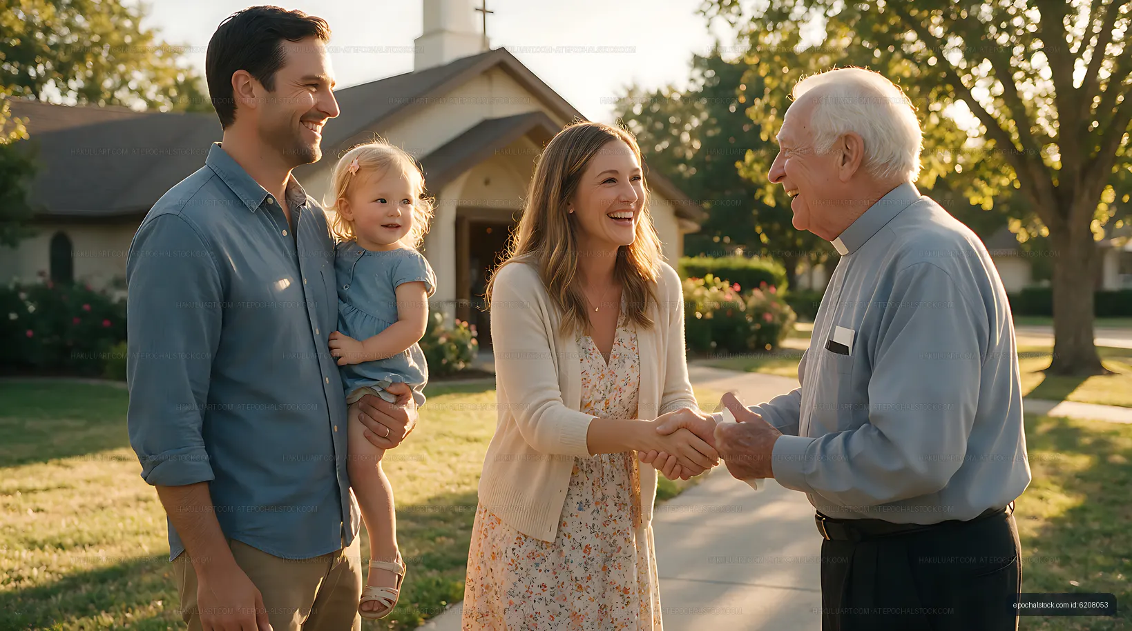 Family greeting pastor in churchyard