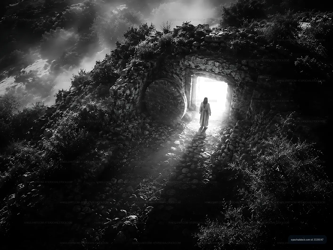 Woman walking through a stone archway in a black and white scene