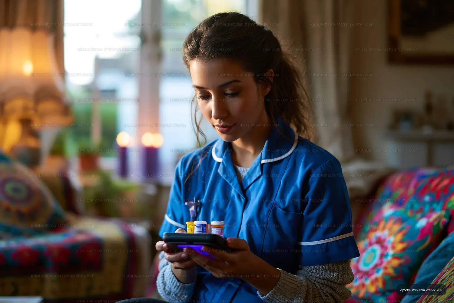 Caregiver with tablet and medicine containers indoors