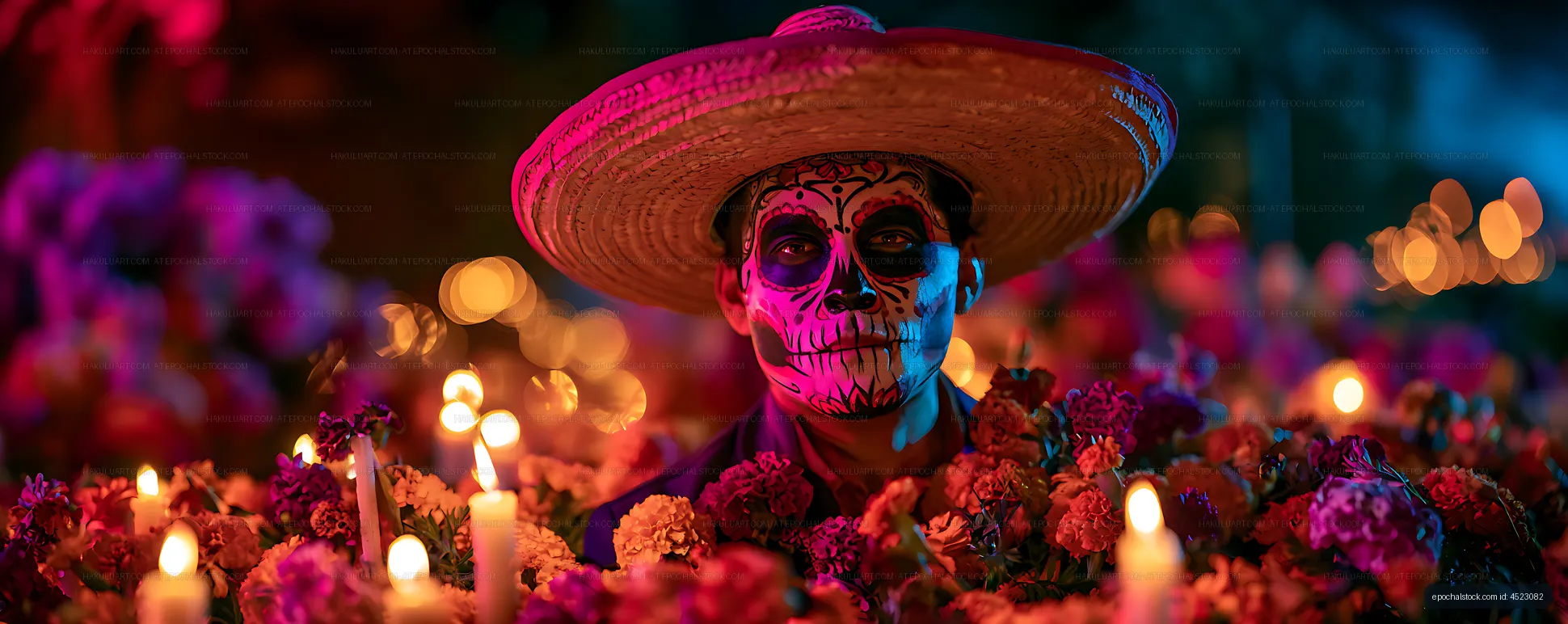 Colorful portrait of person wearing skeleton makeup and sombrero