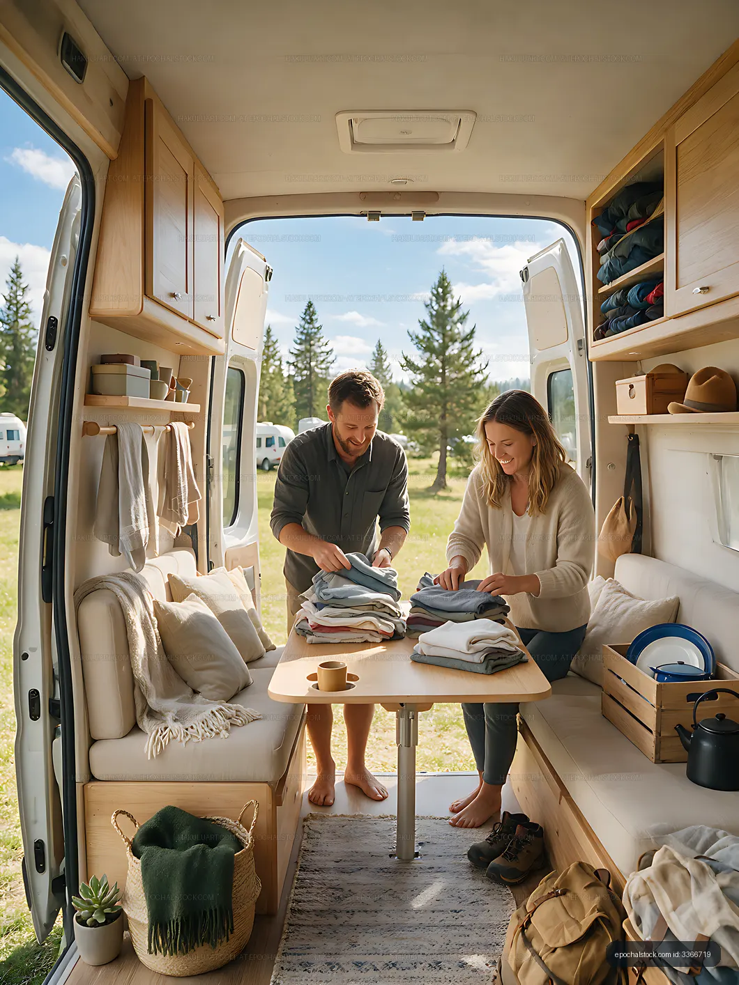 Two adults folding clothes in a camper van