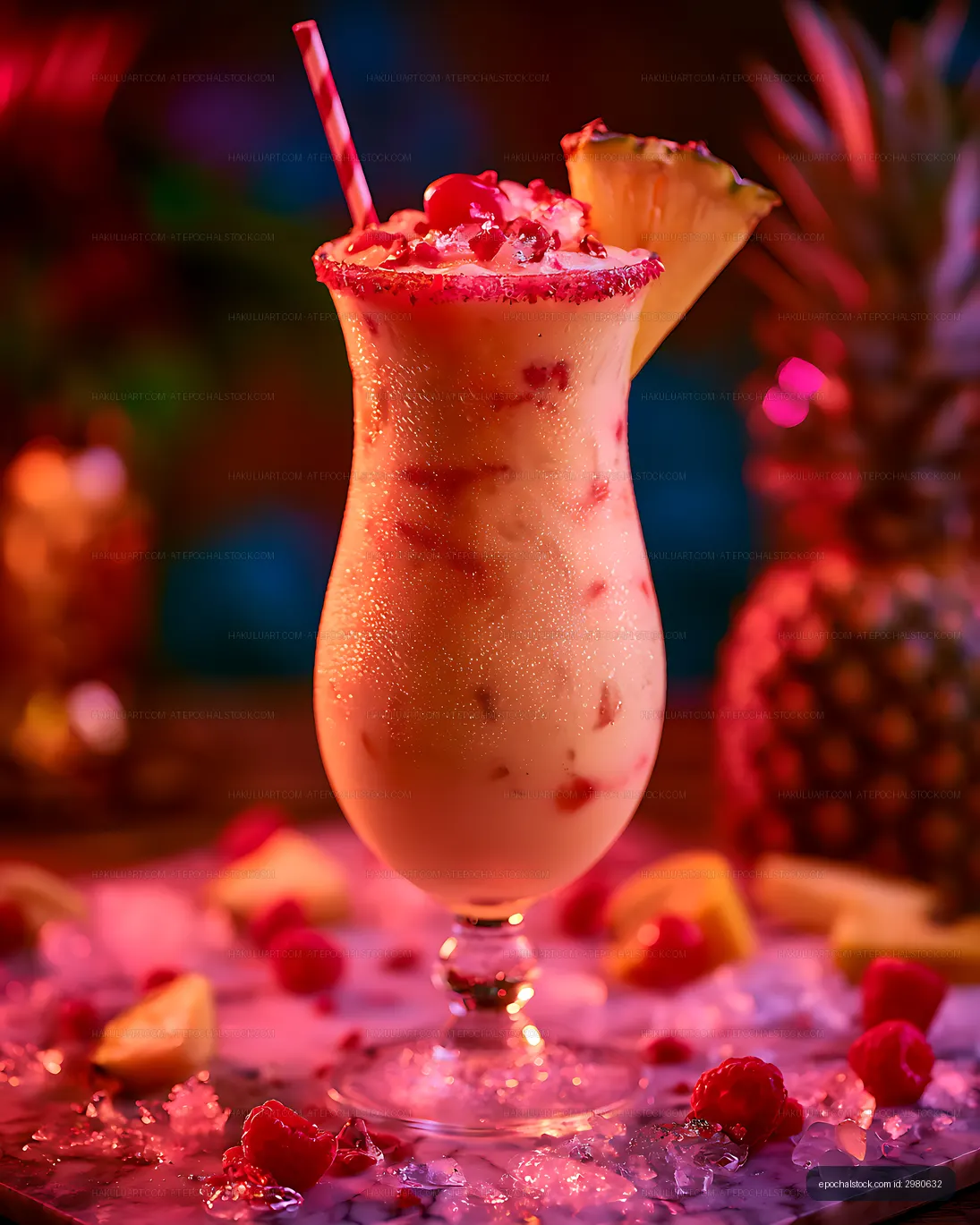 Tropical berry cocktail in colorful atmospheric light