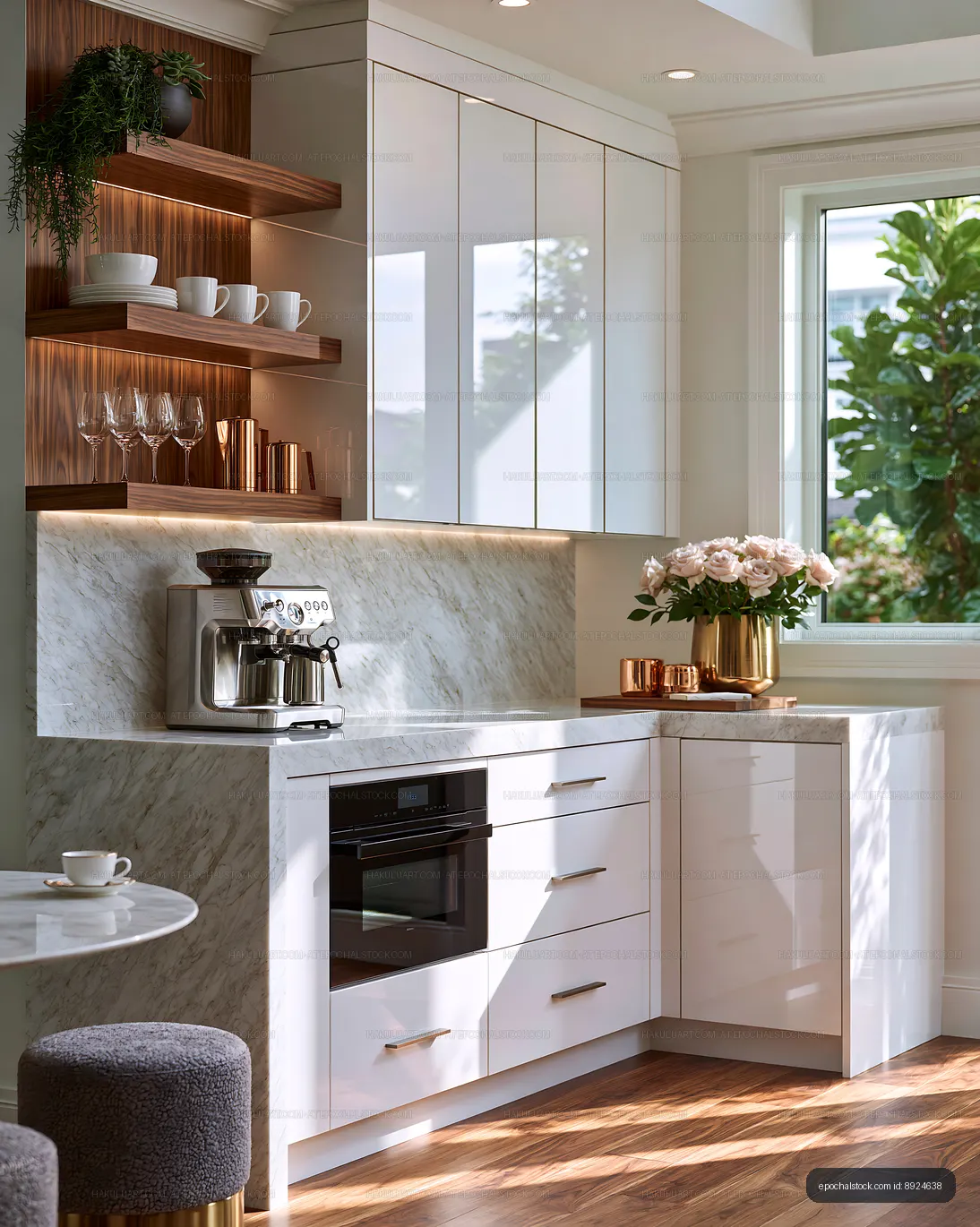 Bright Luxury Kitchen with Marble Worktops and Floral Decor